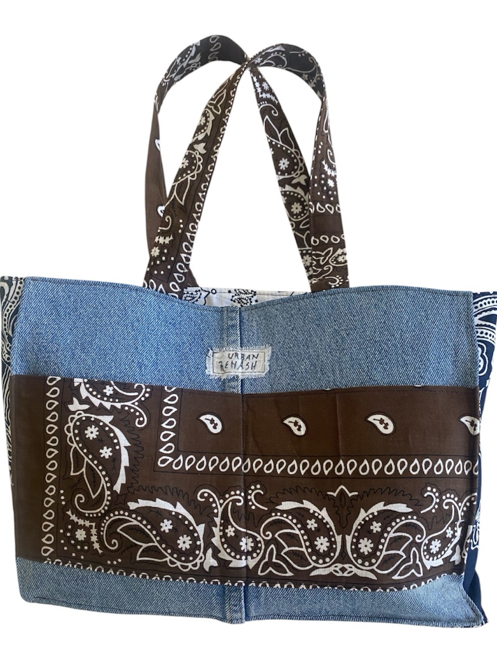 Handmade Upcycled Brown & Navy Bandana & Denim Boxy Mini Tote Bag